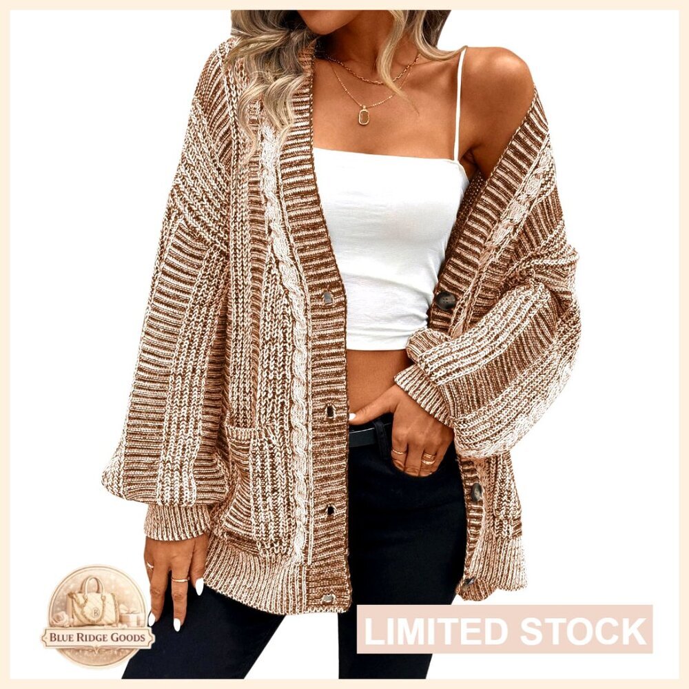 Oversized Cable Knit Cardigan Sweater with Pockets Long Sleeve